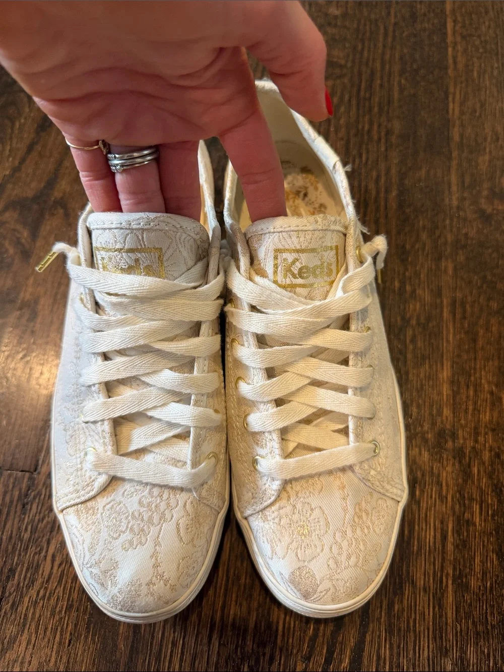 Keds White/Cream Gold Lace-Pattern Platform Sneakers